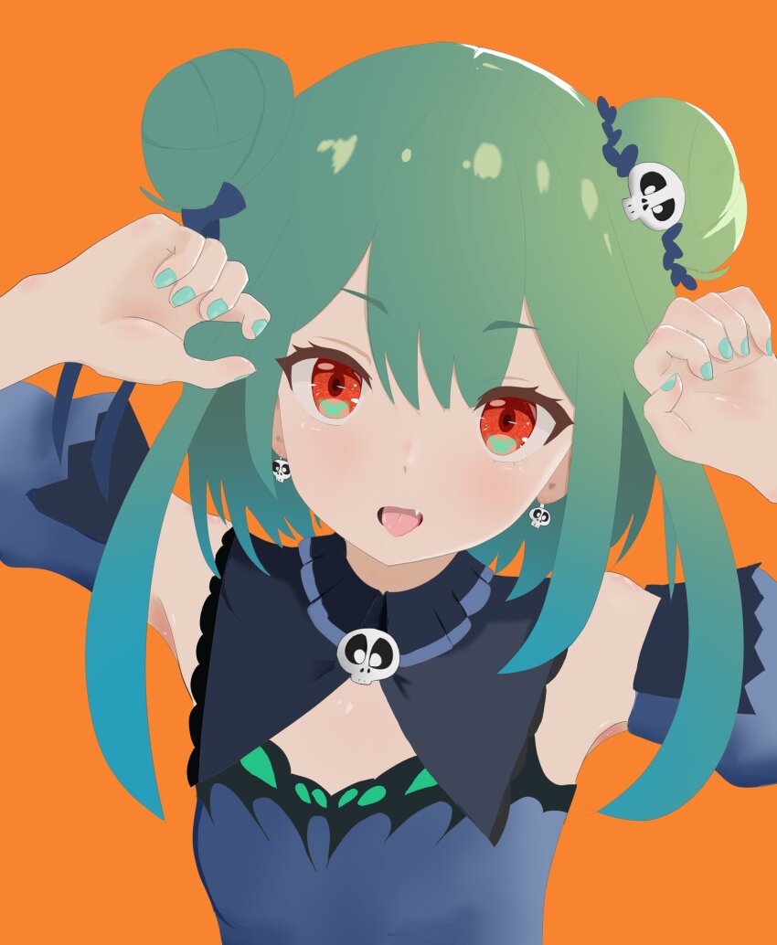 1girl, absurdres, blue_dress, bow, double_bun, dress, fang, green_hair, green_nails, hair_bow, hair_bun, hair_ornament, highres, hololive, kuronagirai, nail_polish, open_mouth, red_eyes, short_hair, skull_hair_ornament, smile, solo, tongue, tongue_out, uruha_rushia, uruha_rushia_(1st_costume), virtual_youtuber
