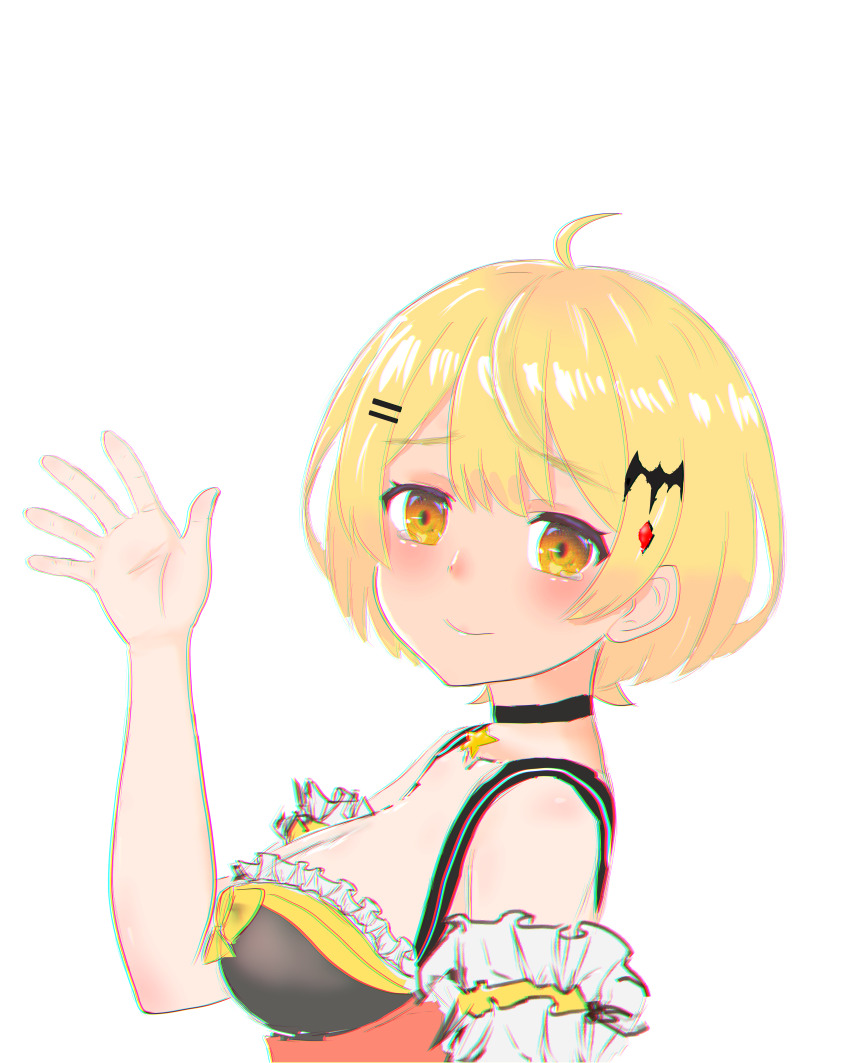 1girl, absurdres, ahoge, bat_hair_ornament, black_choker, blonde_hair, breasts, choker