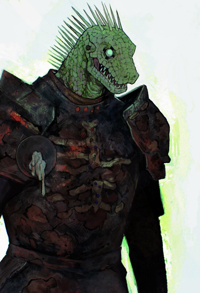 1boy, animal_head, armor, binatestars, blank_eyes, breastplate, caiman_(dorohedoro), cosplay