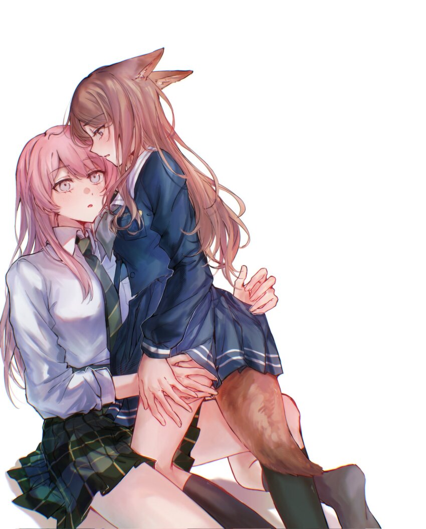 2girls, animal_ears, bang_dream!, bang_dream!_it's_mygo!!!!!, black_socks, blue_serafuku, blue_shirt, blue_skirt