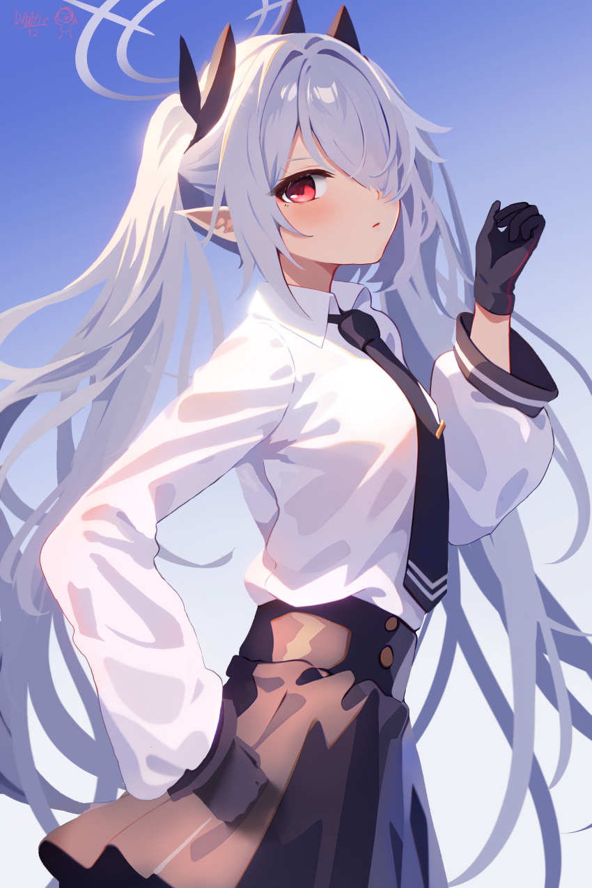 1girl, absurdres, black_dress, black_gloves, black_necktie, black_ribbon, blue_archive, buttons, collared_shirt, daapie, dark-skinned_female, dark_skin, dress, gloves, gradient_background, grey_hair, hair_over_one_eye, hair_ribbon, halo, hand_on_own_hip, highres, iori_(blue_archive), long_hair, long_sleeves, looking_at_viewer, necktie, open_mouth, pointy_ears, red_eyes, ribbon, shirt, shirt_tucked_in, signature, solo, tie_clip, twintails, very_long_hair, white_halo, white_shirt