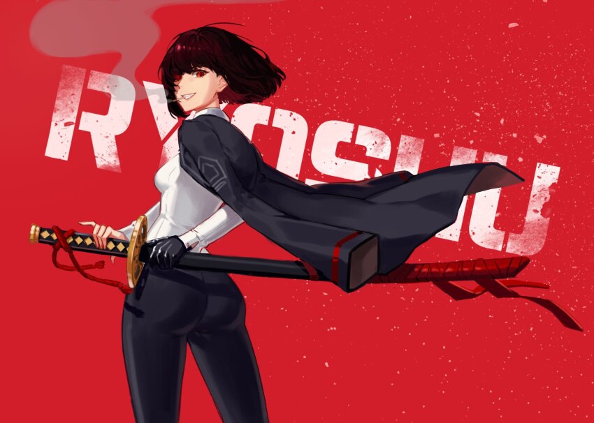 1girl, alternate_breast_size, ass, black_coat, black_gloves, breasts, coat, coat_on_shoulders