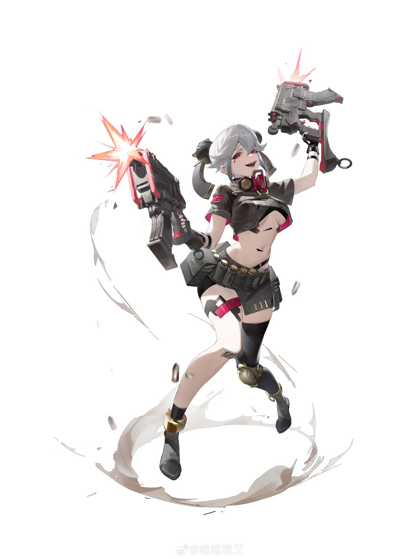 1girl, :d, absurdres, ankle_boots, bandolier, belt, belt_pouch, black_boots