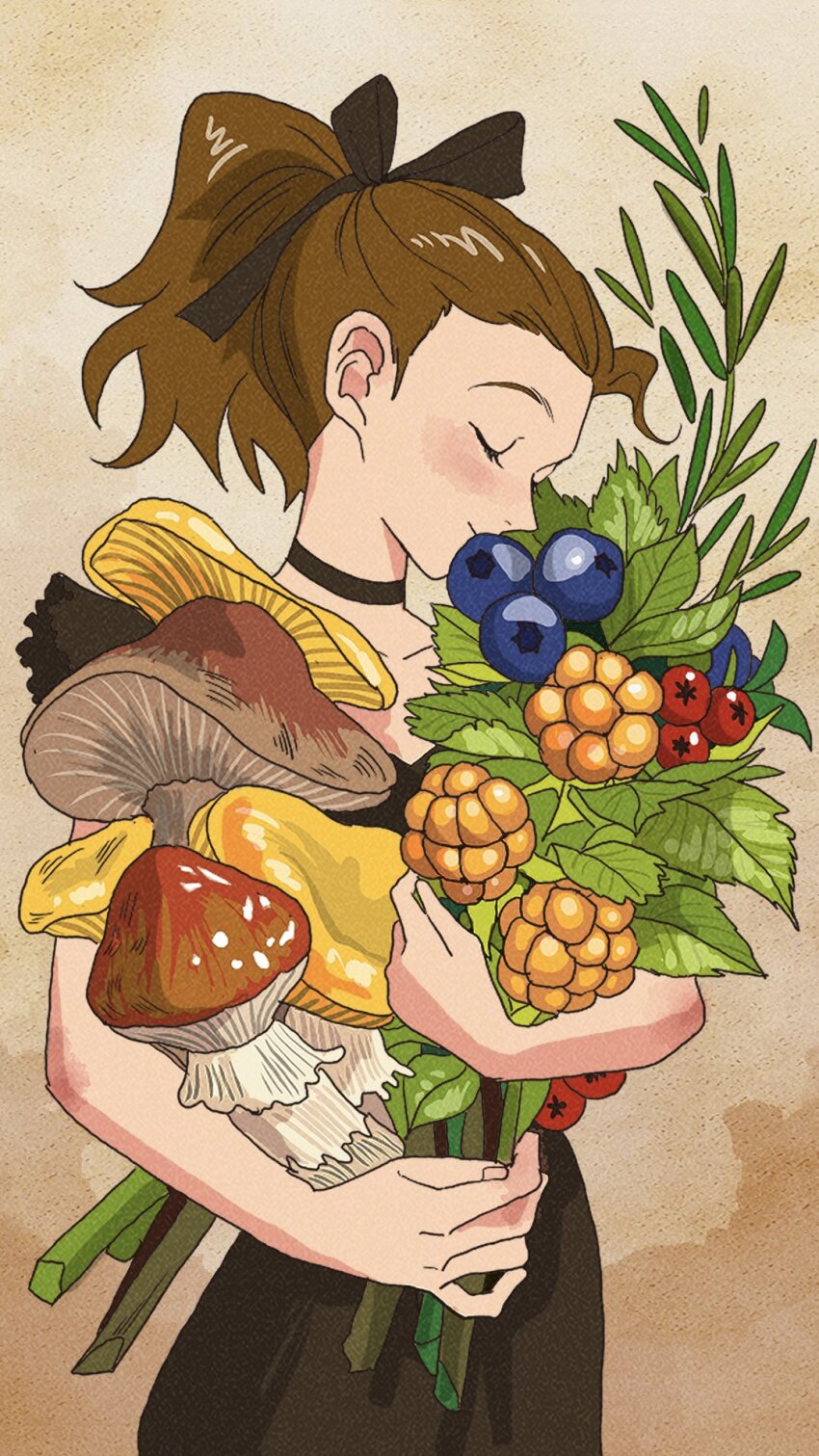 1girl, arrietty, berry, black_bow, black_dress, bouquet, bow, brown_background