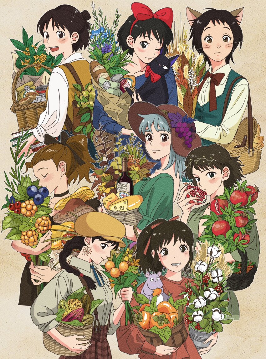 6+girls, :d, aged_up, animal, animal_ears, arrietty, autumn_leaves, backpack