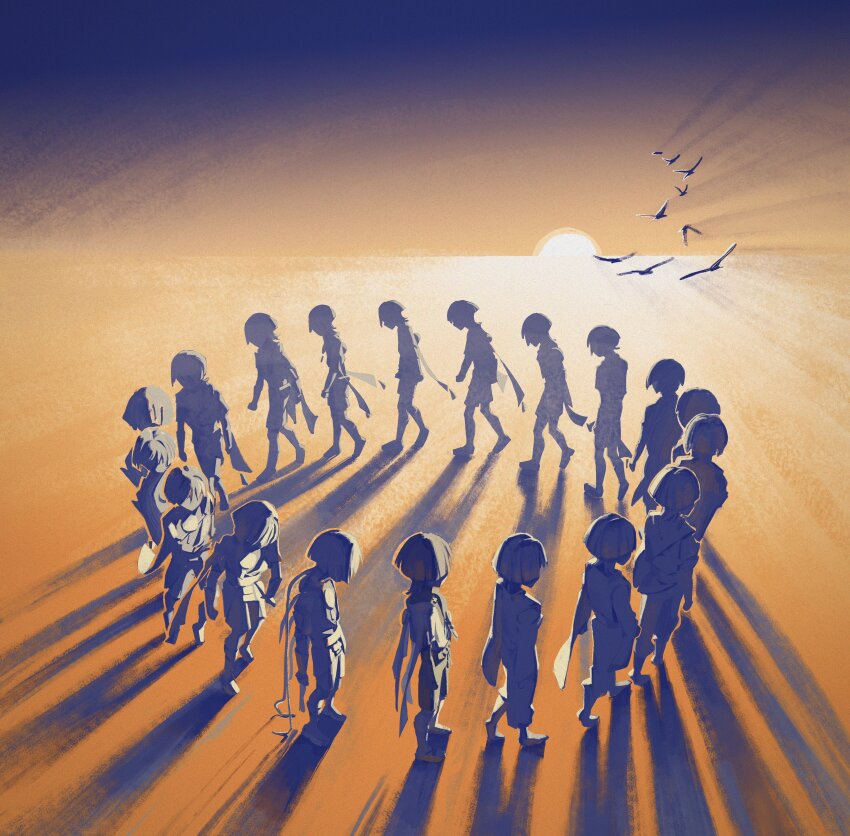 6+boys, absurdres, bird, cape, circle, cycle, daydreeaaaming, evening