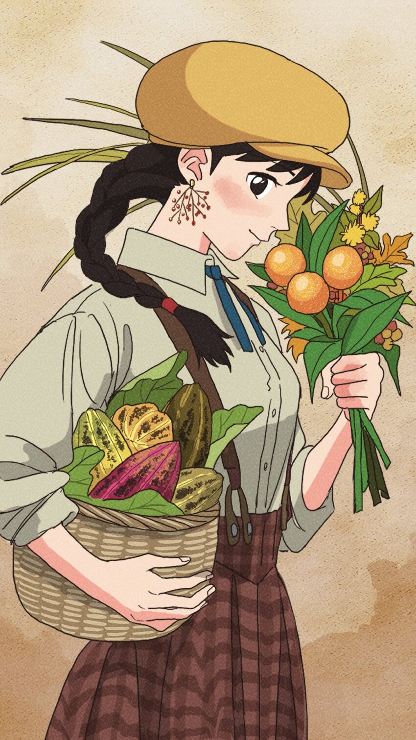 1girl, autumn_leaves, basket, black_hair, blue_ribbon, blush, bouquet, braid