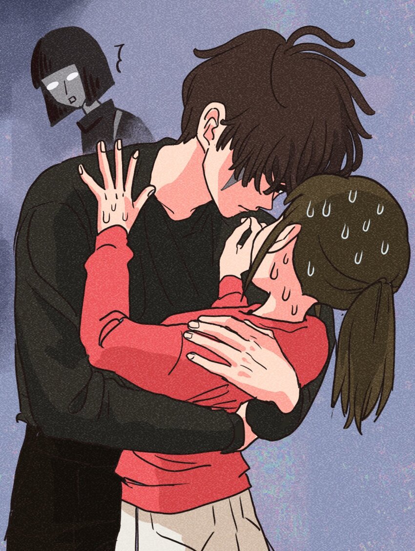 1girl, 2boys, aged_up, arm_around_another's_waist, black_shirt, bob_cut, brown_hair, face-to-face