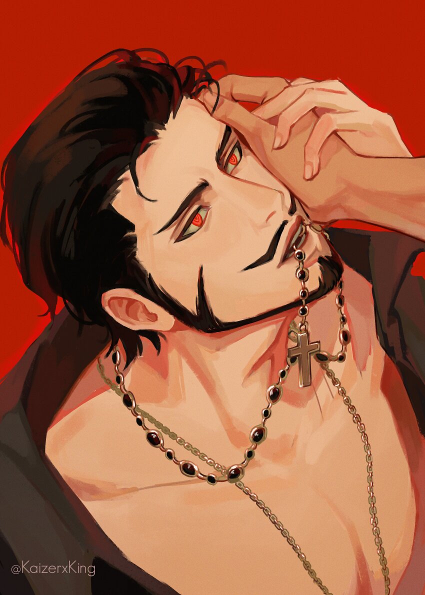1boy, absurdres, beard, black_hair, cross, cross_necklace, dracule_mihawk, facial_hair