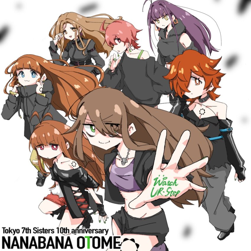 6+girls, aihara_miu, black_shirt, blue_eyes, body_writing, brown_hair, earrings, enami_madoka