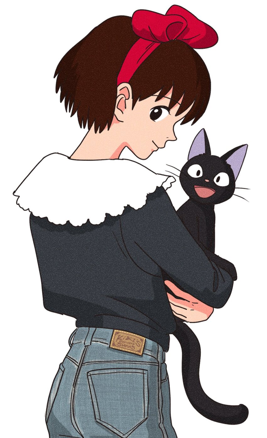 1girl, :d, blue_pants, book, brown_hair, cardigan, casual, character_request, check_character, check_copyright, closed_mouth, copyright_request, cowboy_shot, denim, from_behind, hand_up, highres, holding, holding_book, jeans, jiji_(majo_no_takkyuubin), kiki_(majo_no_takkyuubin), long_sleeves, looking_at_viewer, majo_no_takkyuubin, mimi_wo_sumaseba, open_mouth, pants, pocket, profile, rikaco1988, shirt, shirt_tucked_in, short_hair, sideways_glance, simple_background, smile, solo, tsukishima_shizuku, unbuttoned, waving, white_background, white_shirt