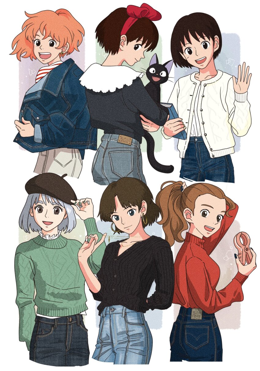 6+girls, :d, aged_up, arm_behind_back, arm_up, arrietty, black_nails, blue_jacket