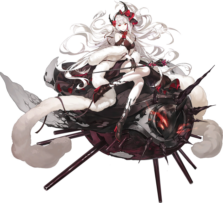 1girl, artist_request, bare_legs, black_choker, black_dress, black_footwear, black_gloves, black_horns, black_surge_night, bonnet, breasts, choker, cleavage, colored_skin, dress, flower, frilled_choker, frills, full_body, gloves, hair_flower, hair_ornament, high_heels, highres, holding, holding_scepter, horns, large_breasts, long_hair, official_art, queen_elizabeth_(black_surge_night), red_eyes, red_flower, red_rose, rose, scepter, solo, third-party_source, transparent_background, very_long_hair, white_fur, white_hair, white_skin