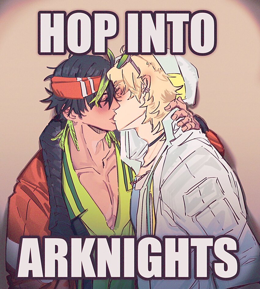 2boys, absurdres, arknights, black_hair, blonde_hair, blush, bryophyta_(arknights), closed_eyes