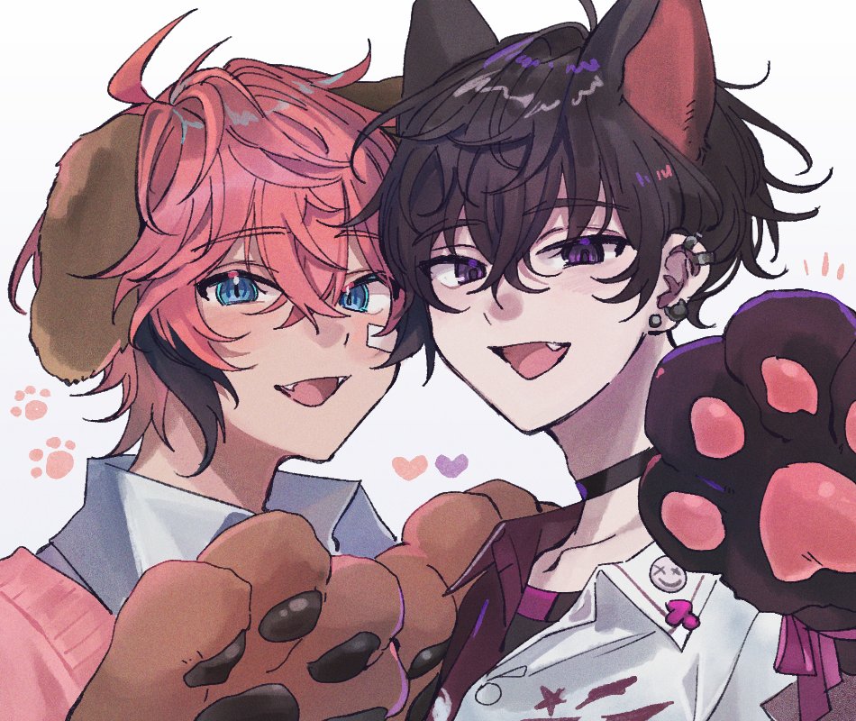 2boys, akagi_wen, akagi_wen_(1st_costume), animal_ears, animal_hands, bandaid, bandaid_on_cheek, bandaid_on_face