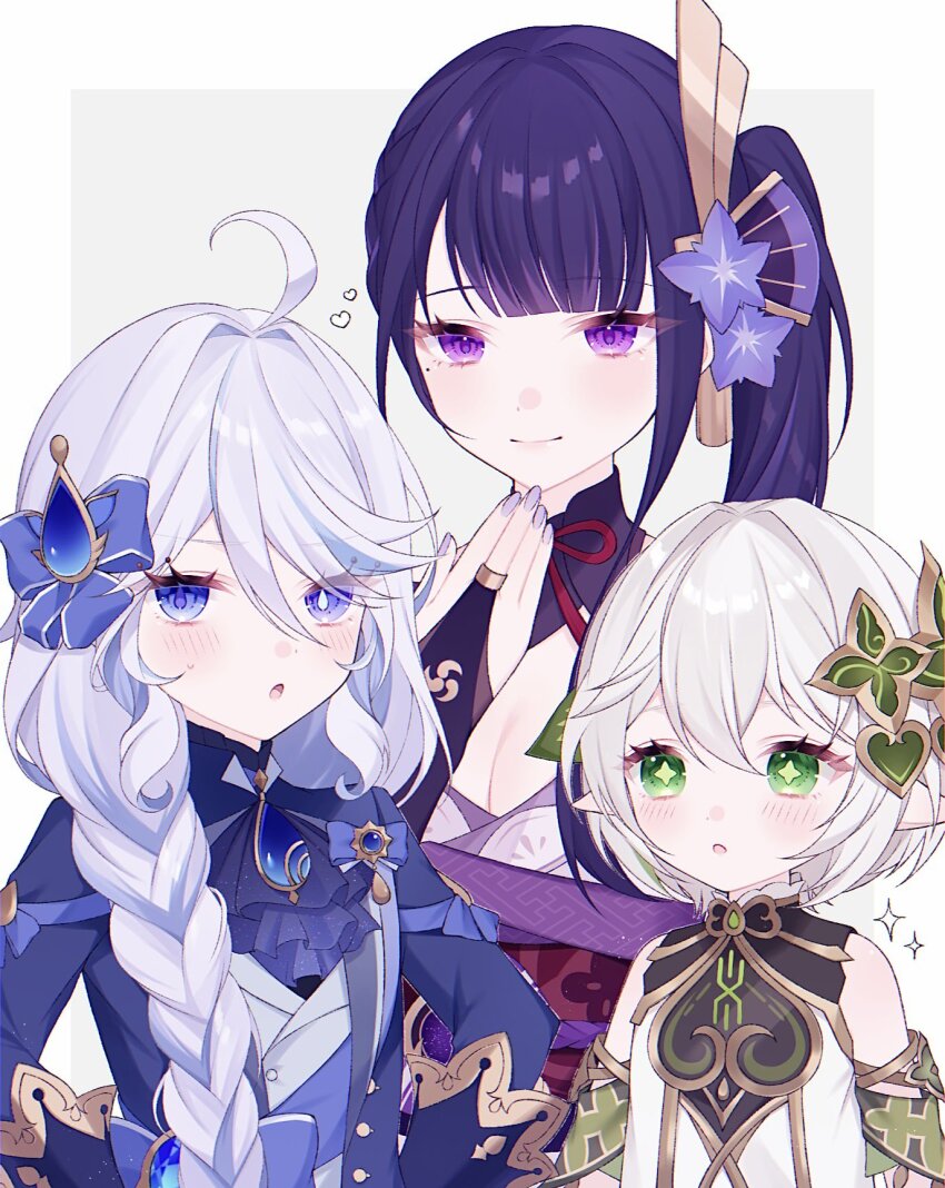 3girls, alternate_hairstyle, ascot, black_ascot, bloomers, blue_eyes, blue_gem, blue_hair