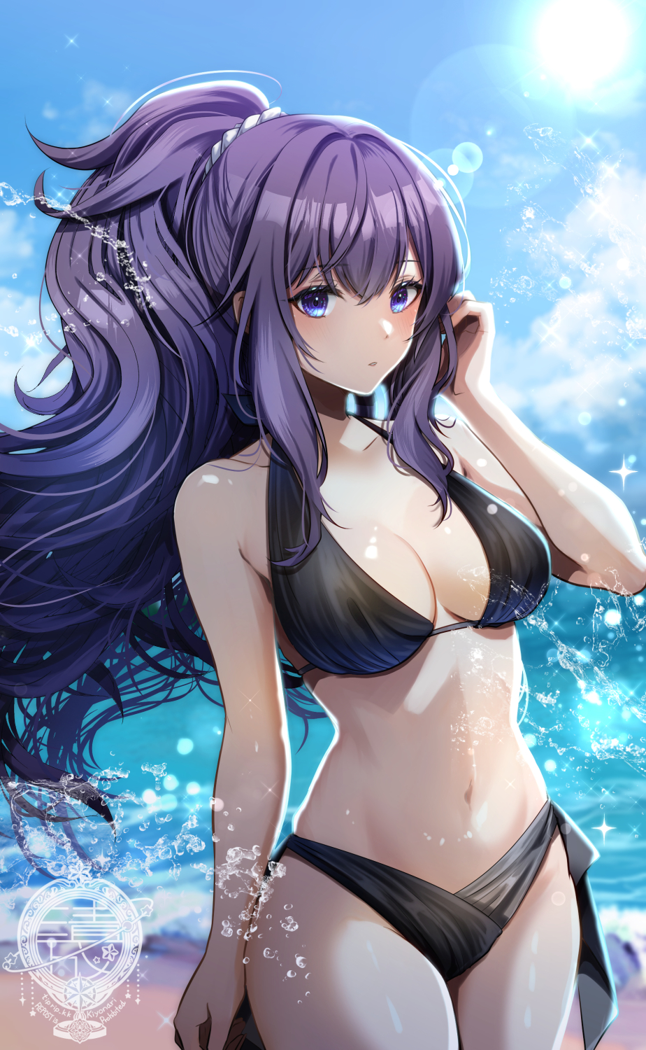 1girl, adjusting_hair, asahina_mafuyu, bare_arms, beach, bikini, black_bikini, blurry