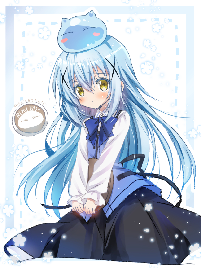 1other, akatsuki_(ggsy7885), black_ribbon, black_skirt, blue_bow, blue_bowtie, blue_hair, blue_vest, bow, bowtie, character_name, collared_shirt, cosplay, creature_on_head, floating_hair, gochuumon_wa_usagi_desu_ka?, hair_ornament, highres, kafuu_chino, kafuu_chino_(cosplay), long_hair, long_sleeves, rabbit_house_uniform, ribbon, rimuru_tempest, rimuru_tempest_(slime), shirt, sketch, skirt, slime_(creature), slime_on_head, solo, tensei_shitara_slime_datta_ken, twitter_username, very_long_hair, vest, white_shirt, wing_collar, x_hair_ornament, yellow_eyes