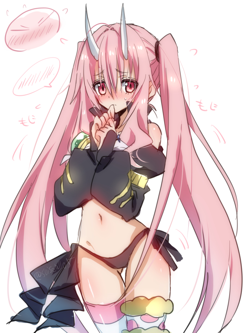 1girl, akatsuki_(ggsy7885), asymmetrical_legwear, black_panties, black_ribbon, blush, cosplay, cowboy_shot, embarrassed, frown, groin, hair_between_eyes, highres, horns, long_hair, long_sleeves, midriff, milim_nava, milim_nava_(cosplay), navel, panties, pink_hair, polka_dot, polka_dot_thighhighs, red_eyes, revealing_clothes, ribbon, shrug_(clothing), shuna_(tensura), side-tie_panties, slime_(creature), solo, speech_bubble, standing, stomach, sweatdrop, tensei_shitara_slime_datta_ken, thighhighs, twintails, twitter_username, underwear, very_long_hair, white_background, white_thighhighs