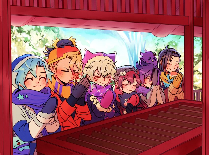 6+boys, :3, ahoge, altventurer_(regis_altare), animal, animal_on_head, axel_syrios, axelotl_(axel_syrios)