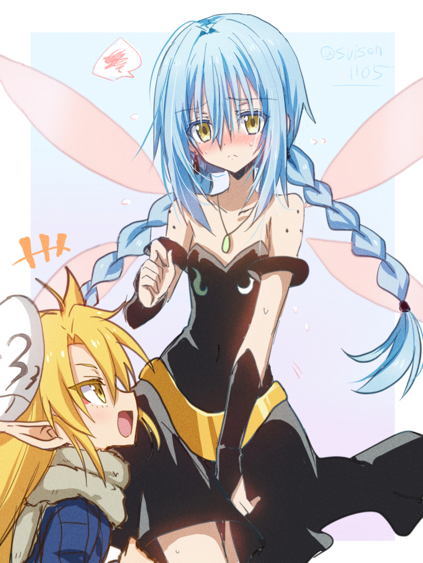 1girl, 1other, :d, akatsuki_(ggsy7885), armlet, black_dress, black_sleeves, blue_background