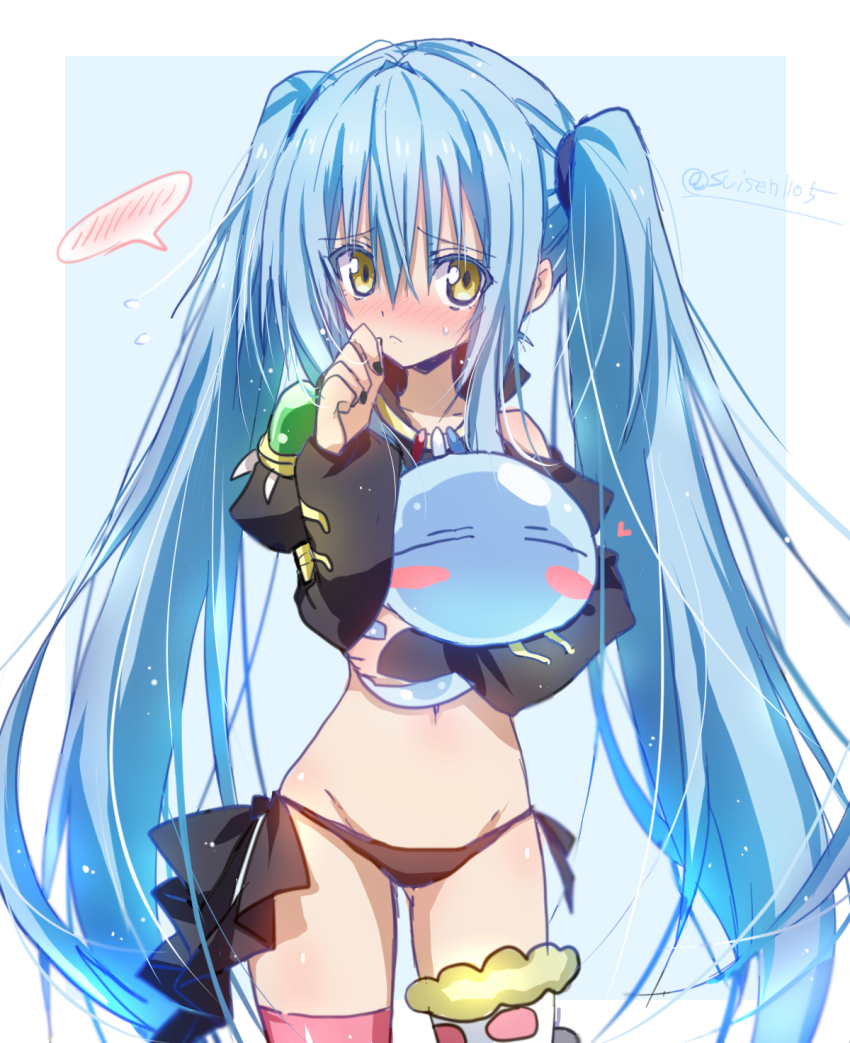 1other, akatsuki_(ggsy7885), asymmetrical_legwear, black_nails, black_panties, blue_background, blue_hair, blush, border, closed_mouth, cosplay, embarrassed, floating_hair, frown, gluteal_fold, groin, hair_between_eyes, highres, long_hair, long_sleeves, looking_at_viewer, milim_nava, milim_nava_(cosplay), nail_polish, navel, panties, pink_thighhighs, rimuru_tempest, rimuru_tempest_(slime), shrug_(clothing), side-tie_panties, sketch, slime_(creature), speech_bubble, sweatdrop, tensei_shitara_slime_datta_ken, thighhighs, twintails, twitter_username, underwear, very_long_hair, white_border, yellow_eyes