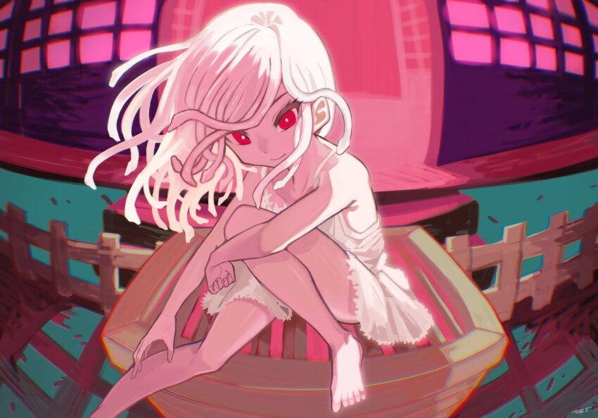 1girl, armpit_crease, artist_name, bare_legs, bare_shoulders, barefoot, closed_mouth, collarbone