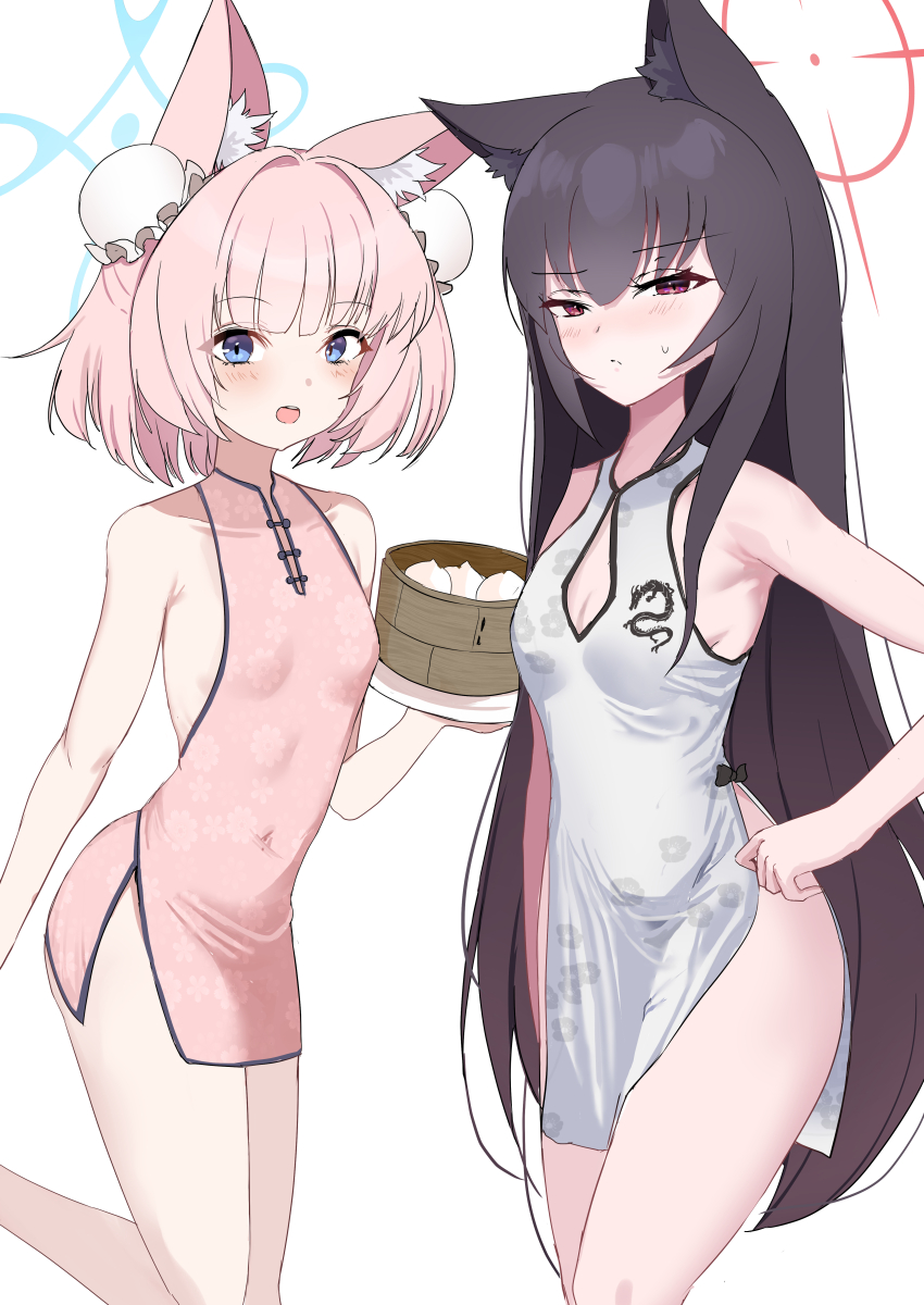 2girls, absurdres, animal_ears, ass, bamboo_steamer, black_hair, blue_archive, blue_eyes
