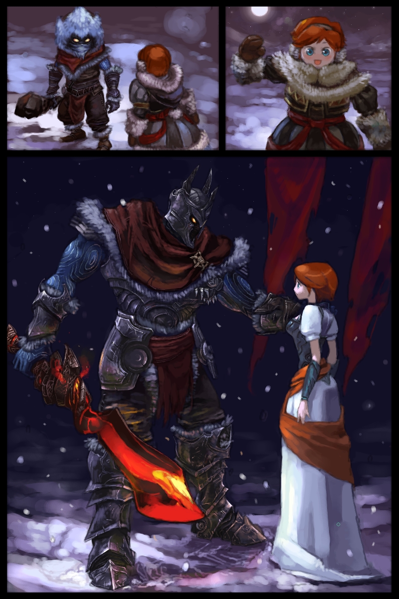 10s, 1boy, 1girl, armor, blue_eyes, blue_skin, child, club_(weapon), coat, colored_skin, couple, dress, full_moon, glowing, glowing_eyes, height_difference, helmet, hetero, highres, hood, kelda_(overlord), moon, night, overlord_(arpg), overlord_(character), overlord_2_(arpg), red_hair, sage_(mami1210), scarf, size_difference, skirt, snow, snowing, sword, tall, weapon, yellow_eyes