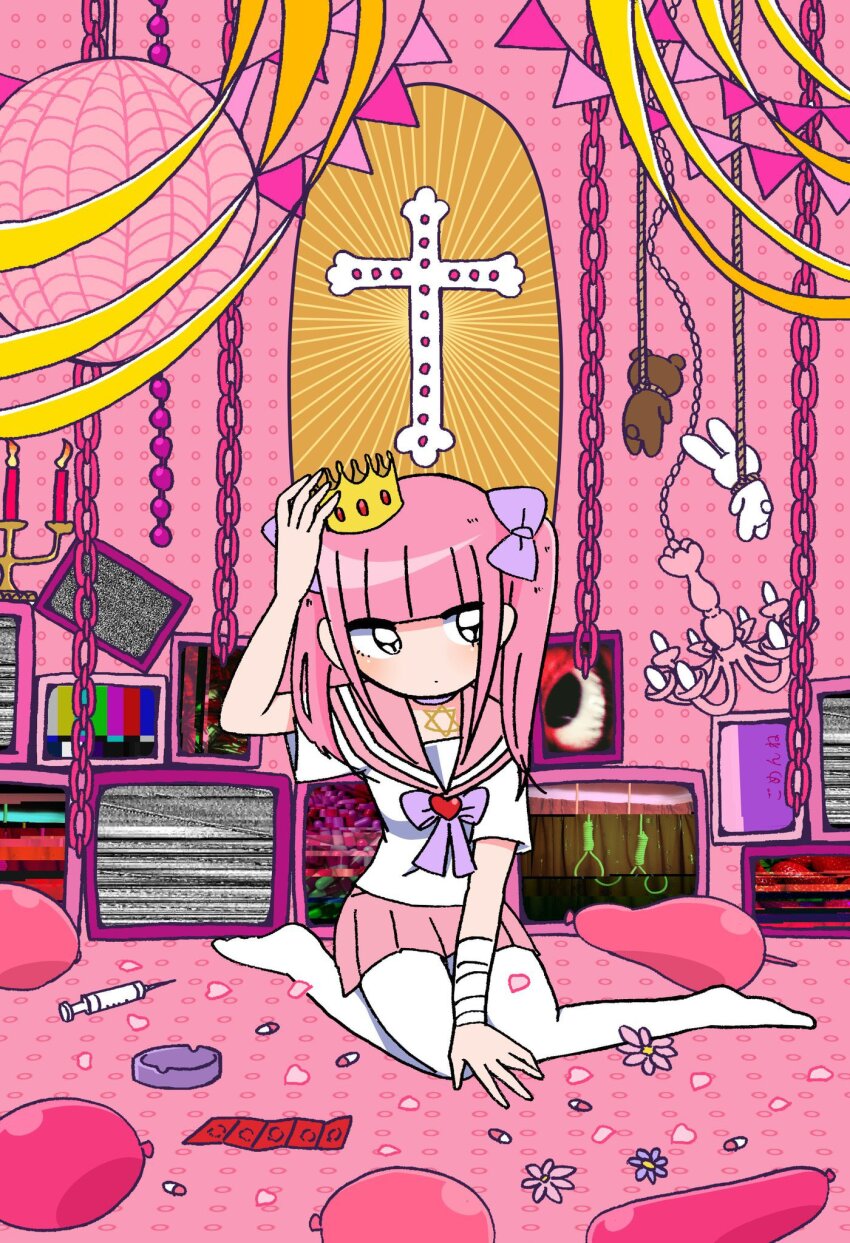 1girl, adjusting_clothes, adjusting_headwear, balloon, black_eyes, blunt_bangs, bow, chain, chandelier, closed_mouth, condom, condom_balloon, condom_wrapper, cross, crown, expressionless, ezaki_bisuko, hair_bow, heart, highres, menhera-chan_(ezaki_bisuko), menhera-chan_(ezaki_bisuko)_(character), no_shoes, noose, petals, pill, pink_hair, pink_petals, pink_sailor_collar, pink_skirt, pink_theme, pleated_skirt, purple_bow, sailor_collar, school_uniform, serafuku, short_twintails, skirt, solo, static, stuffed_animal, stuffed_rabbit, stuffed_toy, syringe, teddy_bear, television, thighhighs, twintails, white_serafuku, white_thighhighs, yami_kawaii
