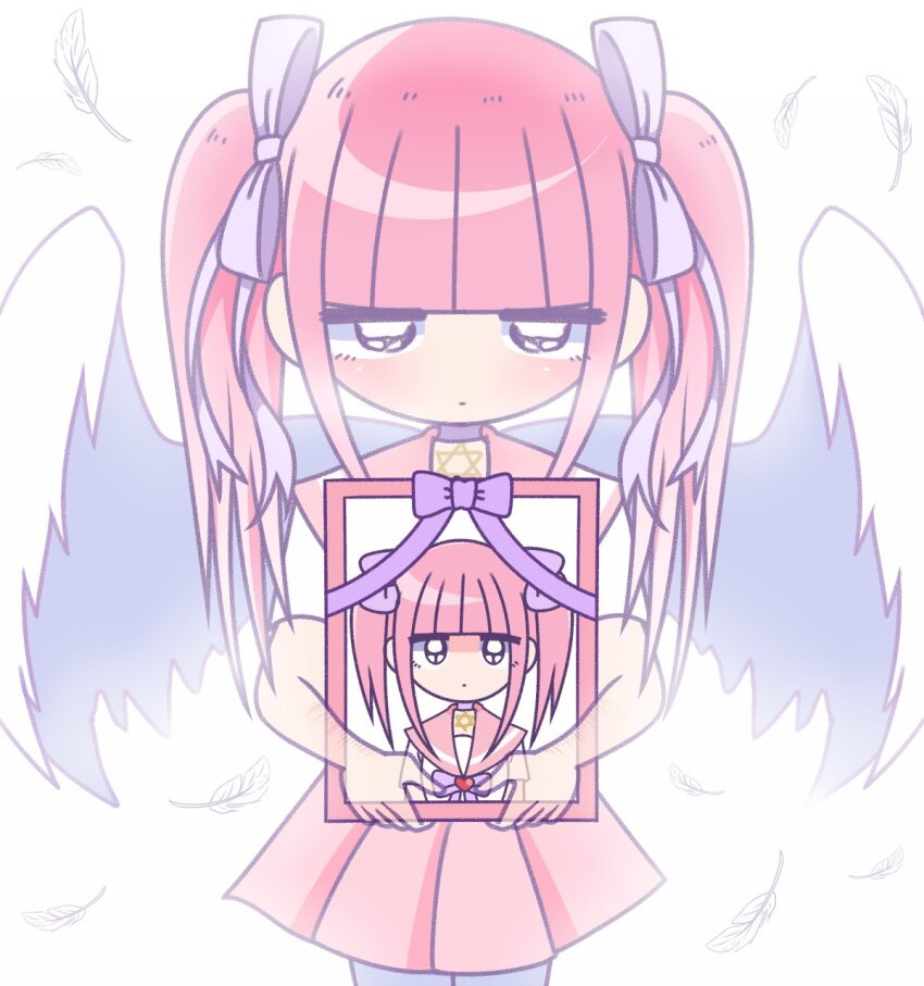 1girl, angel, angel_wings, blunt_bangs, blush, closed_mouth, collar, ezaki_bisuko
