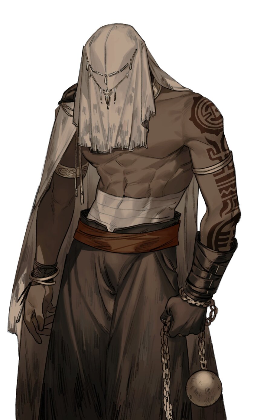1boy, abs, arm_tattoo, armlet, baggy_pants, ball_and_chain_(weapon), bracelet, brown_pants