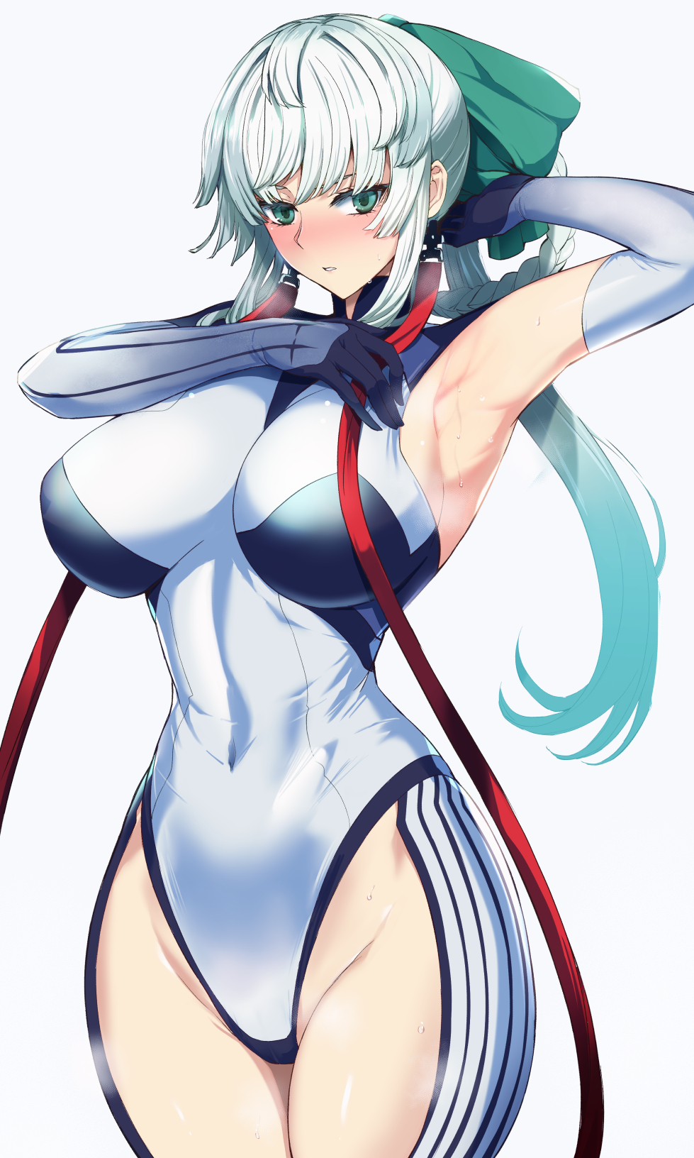 1girl, alternate_breast_size, arm_up, armpit_cutout, armpits, black_bodysuit, blush, bodysuit, braid, braided_hair_rings, breasts, clothing_cutout, covered_navel, earrings, fate/grand_order, fate/samurai_remnant, fate_(series), green_eyes, hair_ribbon, hair_rings, highres, jewelry, kumakichi_(cost-lost), large_breasts, long_hair, looking_at_viewer, multicolored_bodysuit, ponytail, ribbon, sidelocks, solo, thigh_cutout, two-tone_bodysuit, white_background, white_bodysuit, white_hair, wide_hips, yui_shousetsu_(fate), yui_shousetsu_(first_ascension)_(fate)