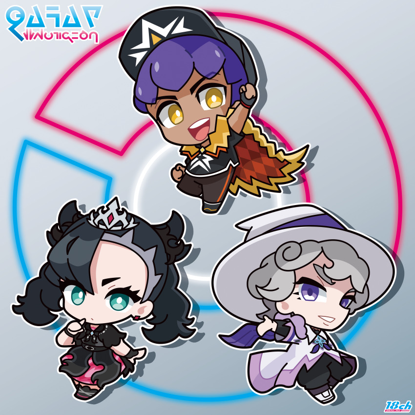 18ch, 1girl, 2boys, absurdres, baseball_cap, bede_(champion)_(pokemon), bede_(pokemon), black_dress