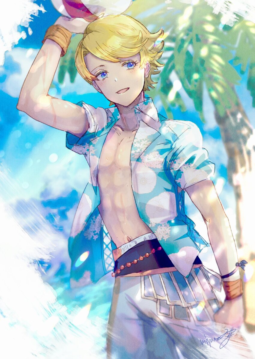 1boy, albert_(romancing_saga), ball, beachball, blonde_hair, blue_eyes, cloud, highres