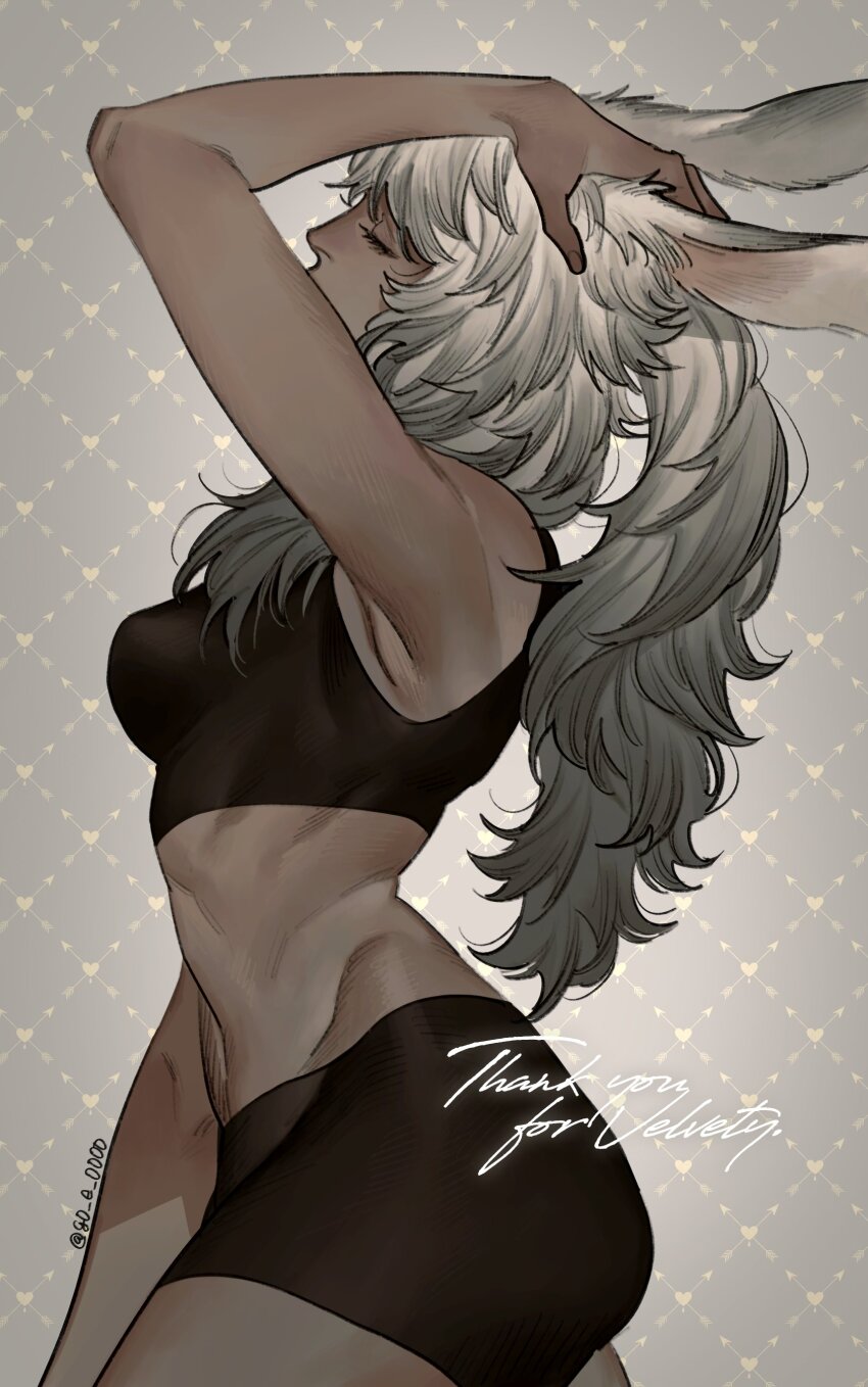 1girl, absurdres, animal_ears, argyle_background, argyle_clothes, arm_up, arrow_through_heart, artist_name, bad_anatomy, bike_shorts, black_shorts, black_sports_bra, blunt_bangs, borrowed_character, breasts, closed_eyes, commission, covered_mouth, cowboy_shot, cursive, dark-skinned_female, dark_skin, english_text, eyelashes, facing_to_the_side, facing_up, final_fantasy, final_fantasy_xiv, fingernails, from_side, go_e_0000, gradient_background, grey_background, hair_over_shoulder, hand_on_own_head, heart, highres, hip_bones, long_hair, medium_breasts, messy_hair, midriff, nose, perky_breasts, ponytail, profile, rabbit_ears, short_shorts, shorts, skeb_commission, solo, sports_bra, standing, stomach, swept_bangs, thank_you, toned, toned_female, viera, wavy_hair, white_hair