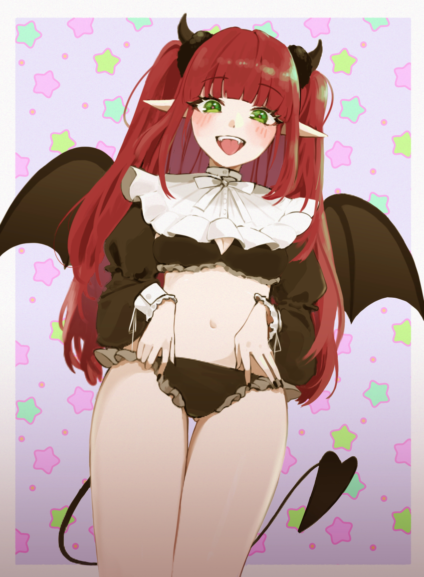 1girl, absurdres, black_panties, cosplay, cropped_shirt, demon_girl, demon_horns, demon_tail, demon_wings, fangs, frilled_panties, frills, green_eyes, ham_(hamparty), highres, horns, kitagawa_marin, midriff, navel, open_mouth, panties, pointy_ears, red_hair, solo, sono_bisque_doll_wa_koi_wo_suru, star_(symbol), star_symbol_background, tail, underwear, wings