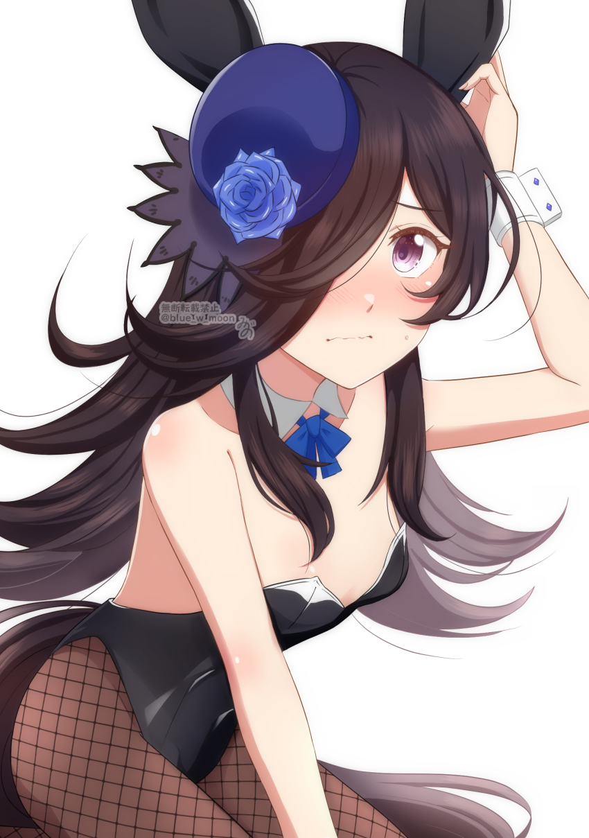 1girl, animal_ears, black_leotard, black_pantyhose, blue_bow, blue_bowtie, blue_flower, blue_rose