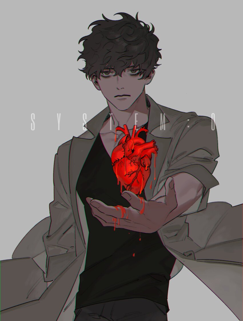 1boy, absurdres, bags_under_eyes, black_shirt, blood, blood_drip, blood_on_hands, brown_eyes, brown_hair, chromatic_aberration, closed_mouth, coat, collarbone, cowboy_shot, english_text, expressionless, fingernails, floating_organs, go_e_0000, grey_background, grey_coat, grey_pants, grey_theme, hair_between_eyes, hand_up, heart_(organ), highres, lapels, lips, looking_at_viewer, male_focus, nostrils, open_clothes, open_coat, open_hand, original, pants, shirt, short_hair, simple_background, sleeves_rolled_up, solo, spot_color, standing, straight-on, v-neck, wavy_hair, wind, wind_lift