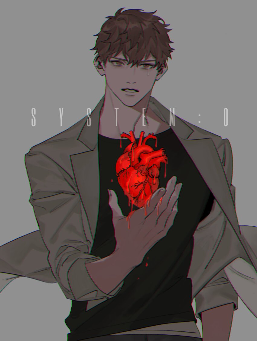 1boy, absurdres, black_shirt, blood, blood_drip, blood_on_hands, broad_shoulders, brown_eyes, brown_hair, chromatic_aberration, closed_mouth, coat, cowboy_shot, english_text, fingernails, floating_organs, go_e_0000, grey_background, grey_coat, grey_theme, hair_between_eyes, hand_up, heart_(organ), highres, lapels, lips, looking_at_viewer, male_focus, nostrils, open_clothes, open_coat, original, parted_lips, shirt, short_hair, simple_background, single_tear, sleeves_rolled_up, solo, spot_color, standing, straight-on, teeth, wind, wind_lift