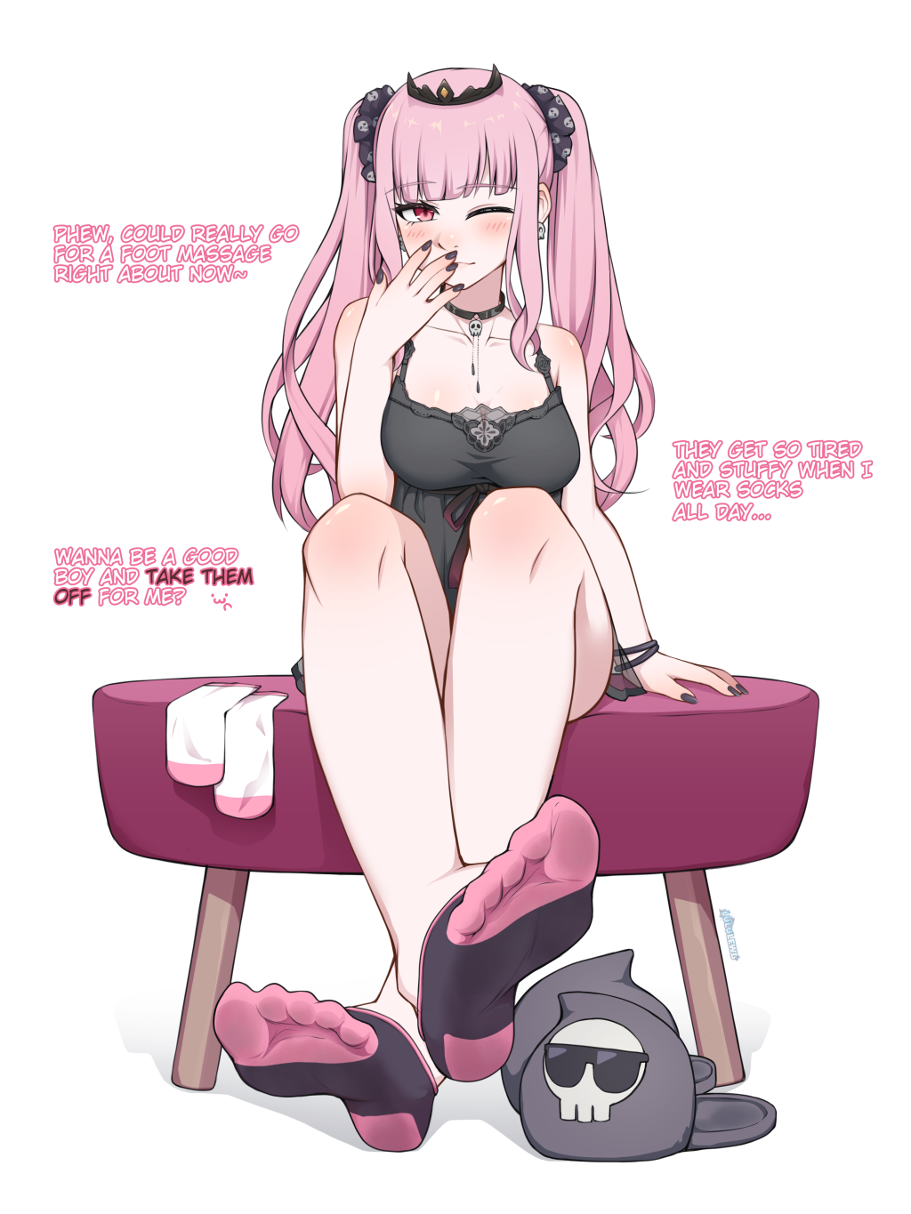 1girl, bare_shoulders, black_nails, black_socks, blunt_bangs, bracelet, breasts, cleavage, closed_mouth, collarbone, commentary, crossed_ankles, english_commentary, english_text, eyelashes, feet, full_body, grey_slippers, hair_ornament, hair_scrunchie, hand_up, highres, hololive, hololive_english, jewelry, large_breasts, legs, long_hair, looking_at_viewer, lululewd, mori_calliope, mori_calliope_(sleepwear), no_shoes, official_alternate_costume, one_eye_closed, paid_reward_available, pink_hair, pink_socks, red_eyes, scrunchie, sidelocks, simple_background, sitting, sleepwear, slippers, socks, soles, solo, tiara, toes, twintails, two-tone_socks, unworn_slippers, unworn_socks, virtual_youtuber, white_background