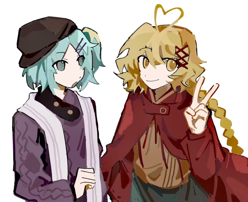 2others, aaayamitsu, adapted_costume, androgynous, antenna_hair, black_skirt, blonde_hair, blue_eyes