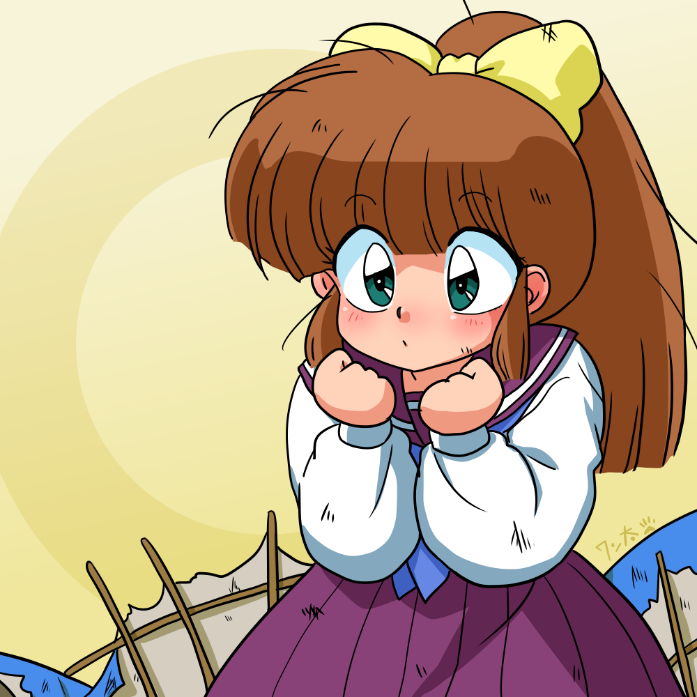 1boy, abstract_background, blue_ribbon, blush, bow, broken, brown_hair, clenched_hands