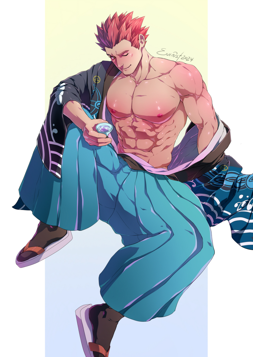 1boy, abs, alcohol, artist_name, bara, biceps, blue_kimono, choko_(cup)