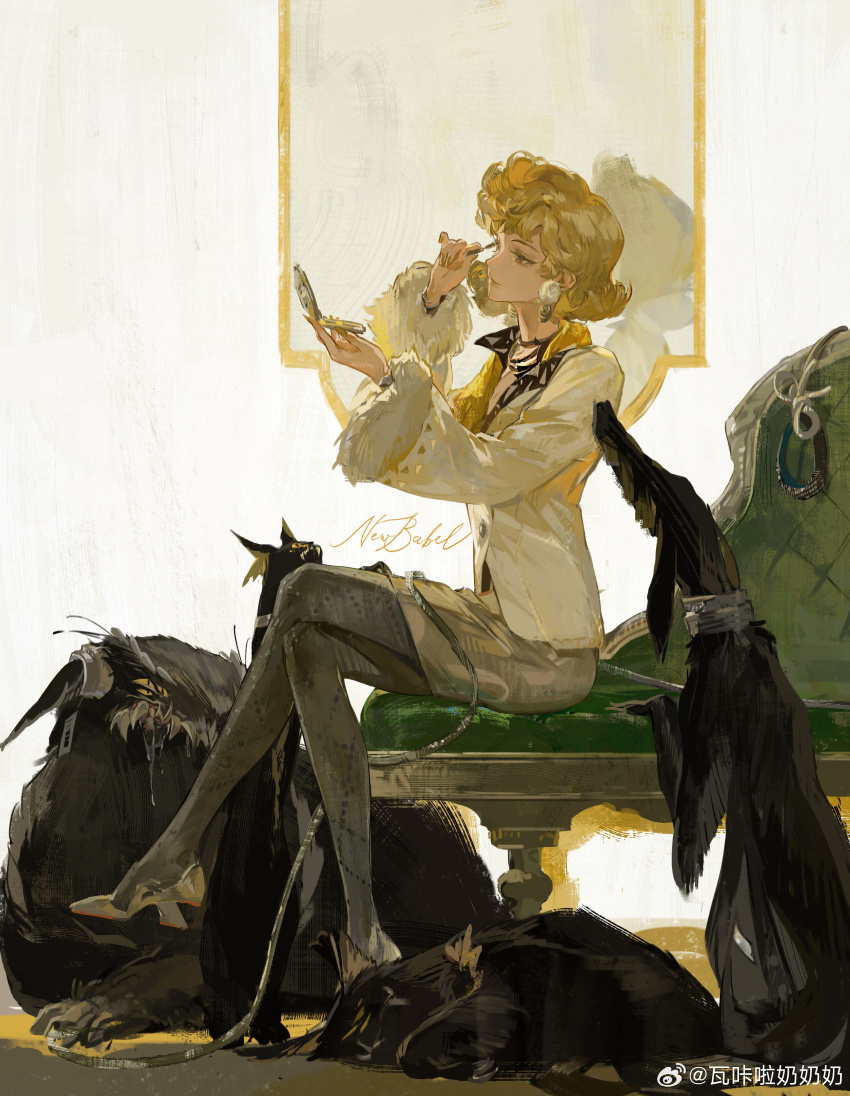 1girl, absurdres, applying_makeup, applying_own_makeup, black_pantyhose, blonde_hair, character_name, compact_(cosmetics)