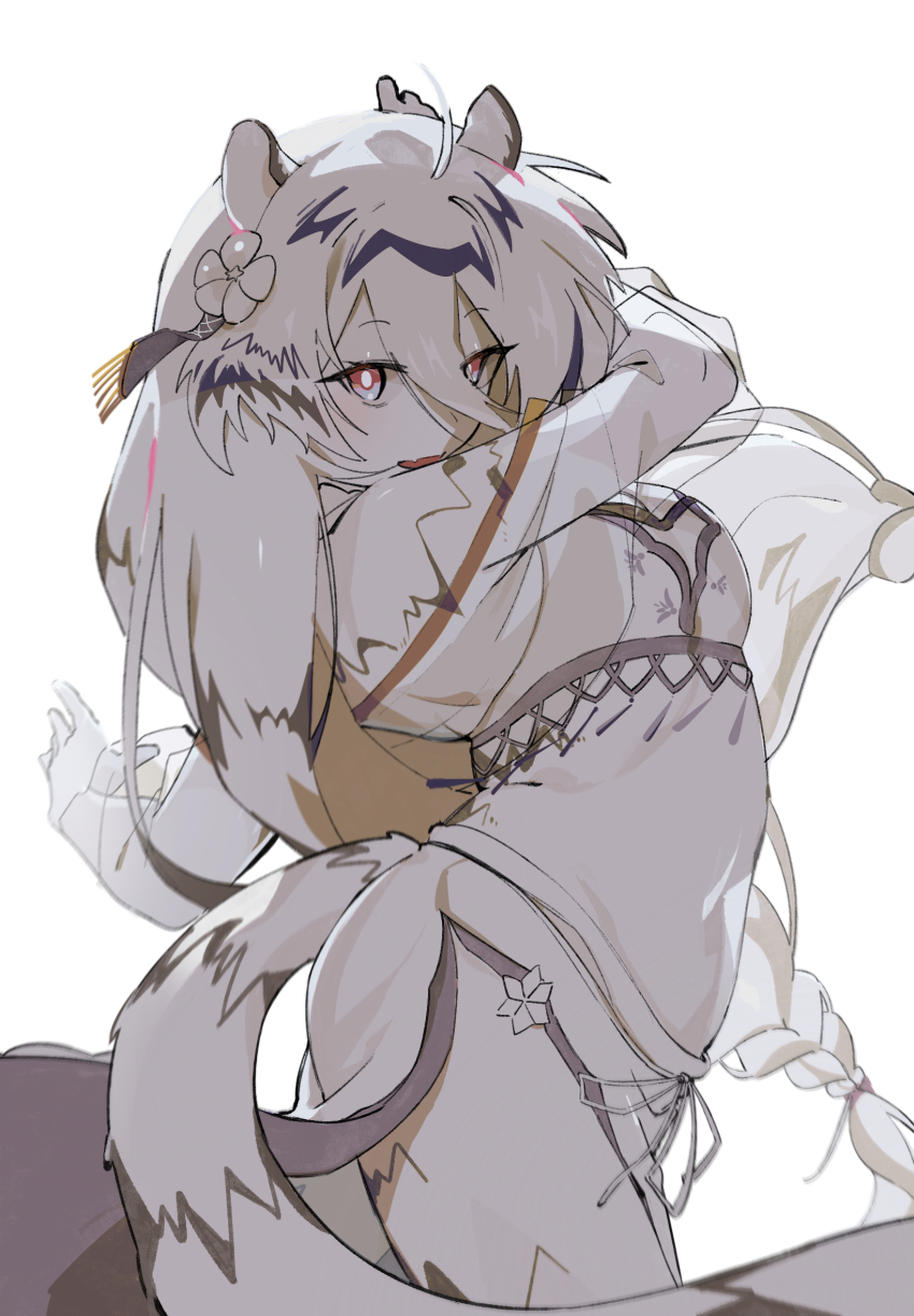 1girl, ahoge, animal_ears, bikini, braid, breasts, bright_pupils, commentary_request, cowboy_shot, dancing, furry, furry_female, hagoromo, hannah_(mahjong_soul), highres, large_breasts, long_hair, looking_at_viewer, low-braided_long_hair, low-tied_long_hair, mahjong_soul, midriff, open_mouth, pink_eyes, pipio, sarong, shawl, simple_background, smile, solo, swimsuit, tail, tiger_ears, tiger_girl, tiger_tail, very_long_hair, white_background, white_bikini, white_hair, white_pupils, white_sarong