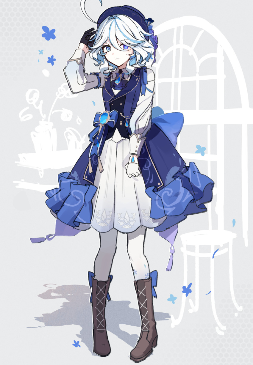 1girl, ahoge, alternate_costume, ascot, asymmetrical_gloves, ayaka_(genshin_impact), black_gloves, blue_ascot