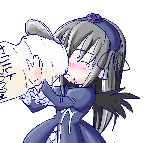 00s, 1girl, black_hair, blush, closed_eyes, doll, doll_joints, dress