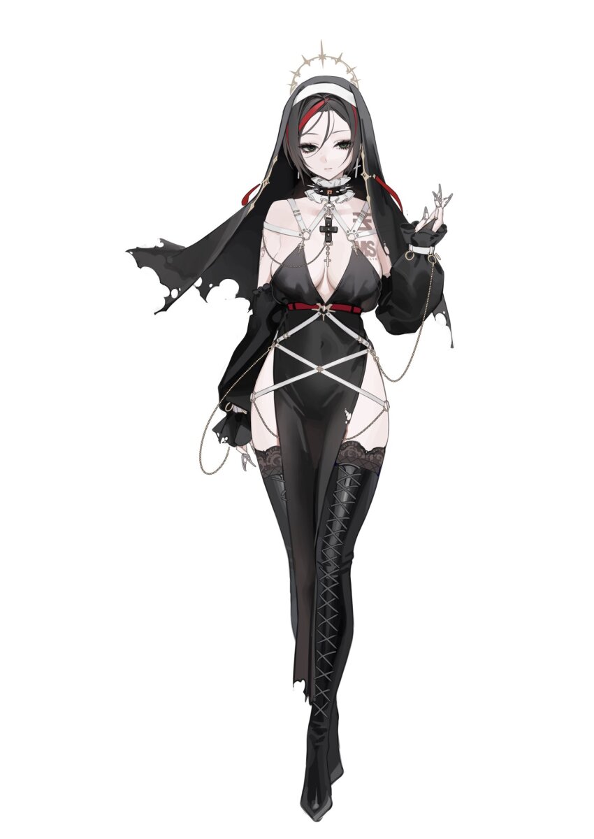 1girl, bare_shoulders, black_hair, boots, breasts, chain, chest_tattoo, cleavage, collar, collarbone, cross, cross_earrings, crow_(nikke), detached_sleeves, earrings, frills, goddess_of_victory:_nikke, green_eyes, halo, high_heels, highres, holding_strap, jewelry, lace, large_breasts, mole, multicolored_hair, necktie, nun, ohisashiburi, pensive, short_hair, solo, spiked_collar, spikes, tattoo, thigh_boots, two-tone_hair, veil, white_background