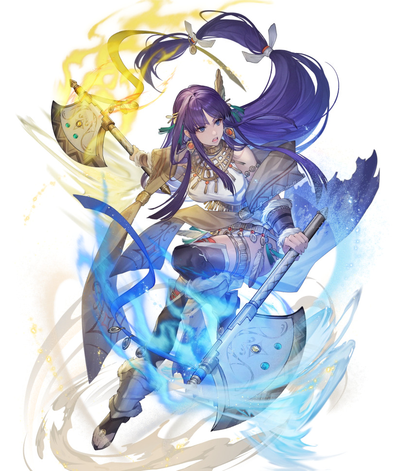 1girl, akka, altina_(fire_emblem), altina_(unrivaled_dawn)_(fire_emblem), attack, axe, bare_shoulders, breasts